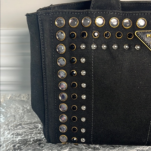 Prada Canapa Studded Black Denim Tote Bag - Picture 4 of 11
